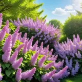En lummig trädgård badar i solljus, med massor av lila syren sorter som blommar frodigt.