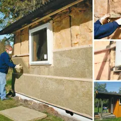 Man isolerar friggebod med stenull. Detaljbilder visar hur isoleringen monteras och fönster fixeras.