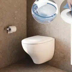 Modern vägghängd toalett utan synlig cistern, visar hur den rengörs och hur vattnet cirkulerar. En toalett utan avlopp som är enkel att underhålla.