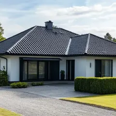 Välvalt tak på en modern villa med utbyggnad. Mörka takpannor ger ett stilrent intryck.