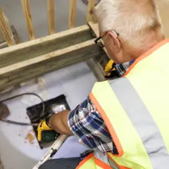 Man i varselväst arbetar med rör i golv. En del av arbetet kan vara relaterat till relining, vilket kan påverka priset.