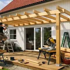 Man bygger en paviljong på altanen. Träbjälkar monteras på husfasaden, verktyg och material ligger utspritt.