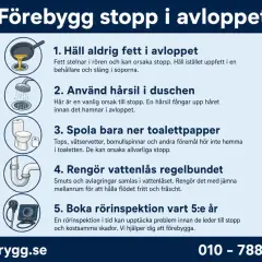 Undvik stopp i vasken genom att inte hälla fett i avloppet, använda hårsil, bara spola ner toalettpapper, rengöra vattenlås och boka rörinspektion.