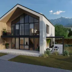 Modernt hus med stora fönster och balkong, perfekt för dig som vill ha ett gratis ritprogram hus. Vacker utsikt över berg och sjö.