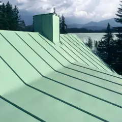 Grönt plåttak med skorsten, vacker utsikt över sjö och berg. Tänk på kostnad plåttak vid renovering.