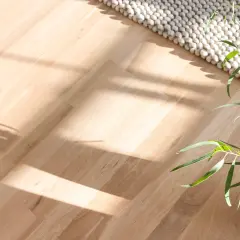 Ljust parkettgolv med solljus och skuggor. En matta och en grön växt syns. Undrar du över slipa parkettgolv pris?