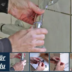 Händer som byter duschslang. En person skruvar loss en duschslang från ett blandare. Flera bilder visar steg för steg hur man byter.