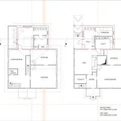 Planritning av hus med tillbyggnad i vinkel. Visar rum som kök, sovrum, badrum och vardagsrum.