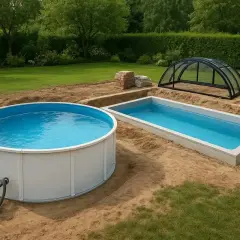 Två pooler, en rund och en rektangulär, under uppbyggnad i en trädgård. En poolkåpa ligger redo. Tänk på bygga pool kostnad för din dröm.