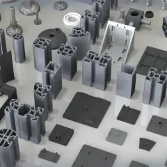 En samling profiler och komponenter för att måla aluminium. Olika former och storlekar av aluminiumprofiler, fästen och tillbehör.