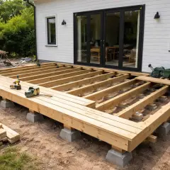 Bygga altan på plintar. Träkonstruktion för altan under uppbyggnad, med synliga bjälkar och plintar som stöd. Verktyg ligger redo.
