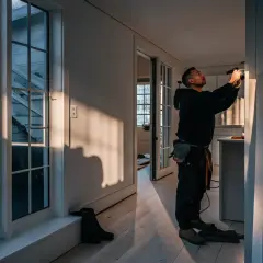 Man med verktygsbälte fixar något vid en vägg. Solen lyser in genom stora fönster. Kanske för att laga klinker flisa.