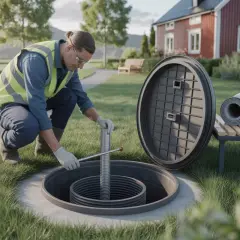 Arbetare inspekterar en trekammarbrunn. En nyckelfaktor för att förstå trekammarbrunn kostnad är installationen.