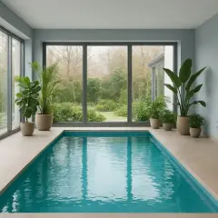 Ett modernt inomhuspool med stora fönster som vetter mot en grönskande trädgård. Perfekt för att bygga in pool och njuta året runt.