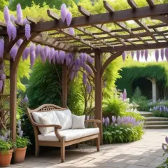 En vacker blåregn pergola med en träbänk under, omgiven av lila blommor och grönska. En idyllisk plats för avkoppling.