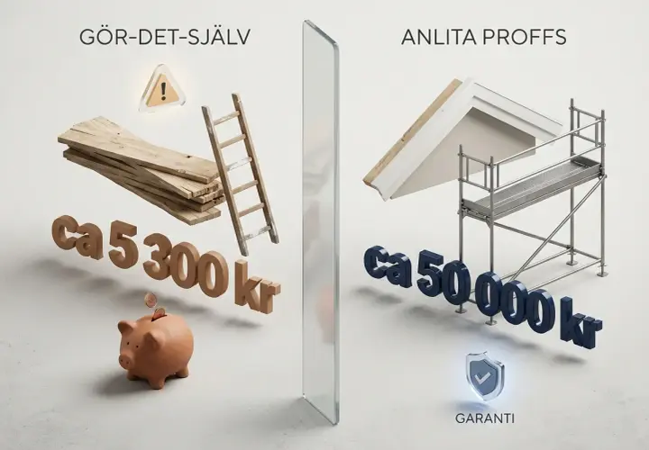 Gör-det-själv för att byta vindskivor kostar ca 5300 kr, medan proffs kostar ca 50 000 kr.