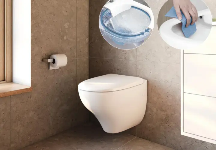Modern vägghängd toalett utan synlig cistern, visar hur den rengörs och hur vattnet cirkulerar. En toalett utan avlopp som är enkel att underhålla.