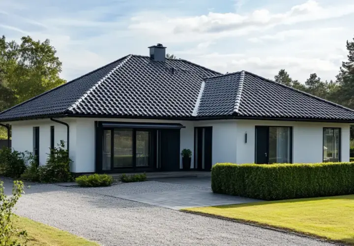 Välvalt tak på en modern villa med utbyggnad. Mörka takpannor ger ett stilrent intryck.