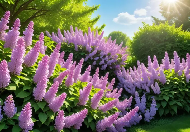 En lummig trädgård badar i solljus, med massor av lila syren sorter som blommar frodigt.