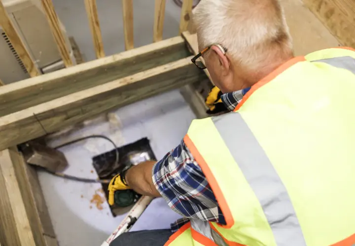 Man i varselväst arbetar med rör i golv. En del av arbetet kan vara relaterat till relining, vilket kan påverka priset.