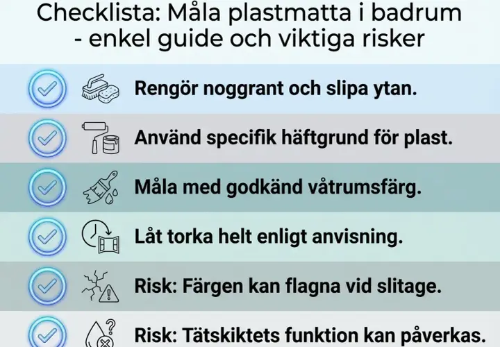 Checklista för att måla plastmatta i badrummet: rengör, använd häftgrund, våtrumsfärg, låt torka. Risker: flagning, tätskikt.