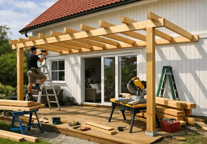 Man bygger en paviljong på altanen. Träbjälkar monteras på husfasaden, verktyg och material ligger utspritt.