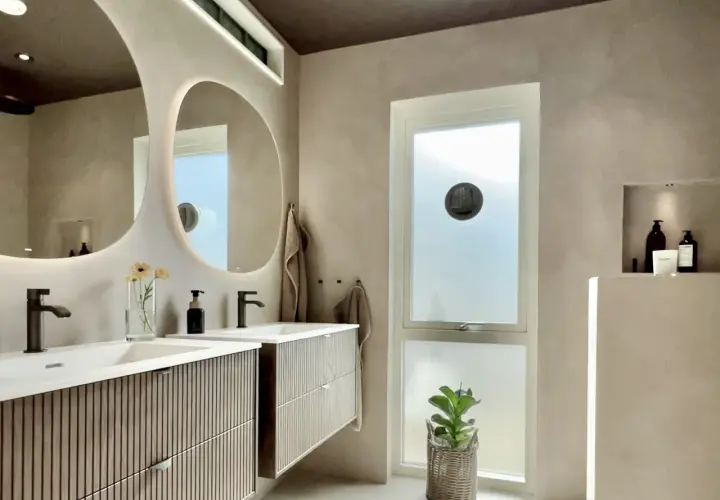 Modernt badrum med dubbla handfat och speglar. Väggarna har en slät, betongliknande finish, liknande microcement på kakel, vilket ger en lyxig och enhetlig känsla.