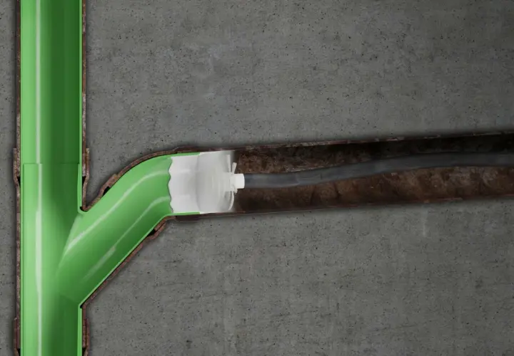 Illustration av relining av avlopp där en ny, grön plastbeläggning appliceras inuti ett gammalt, rostigt rör.