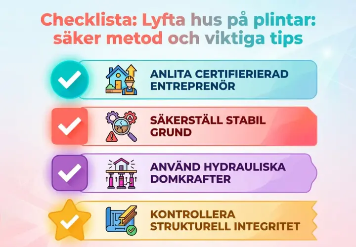 Checklista för att lyfta hus på plintar: anlita proffs, säkerställ grunden, använd hydrauliska domkrafter och kontrollera strukturen.