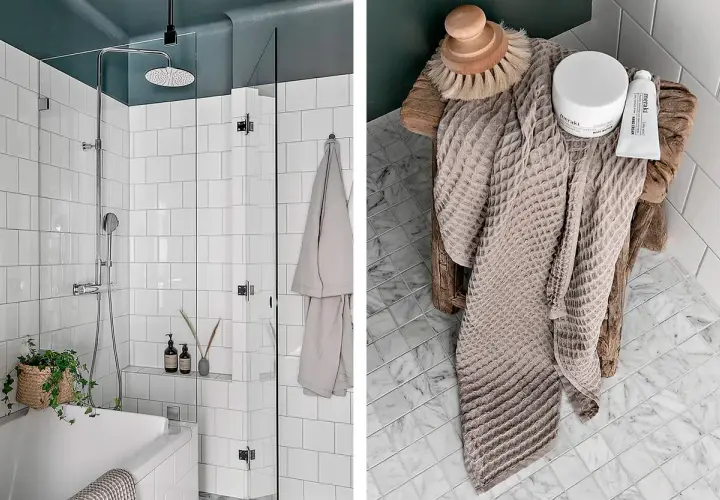Ett modernt badrum med vitt kakel och mörkblått tak. En duschhörna med regndusch och en badkar. På en pall ligger en handduk, en burk och en tub. Perfekt för att måla tak badrum.