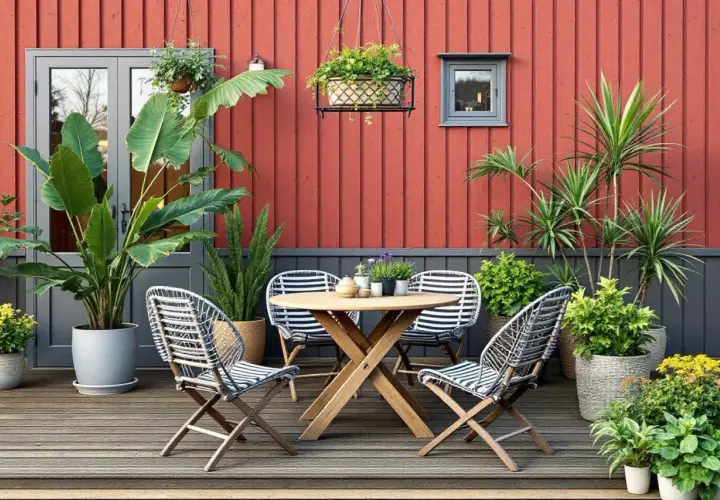 Vacker uteplats med ett runt träbord, randiga stolar och massor av gröna växter i krukor utomhus inspiration.
