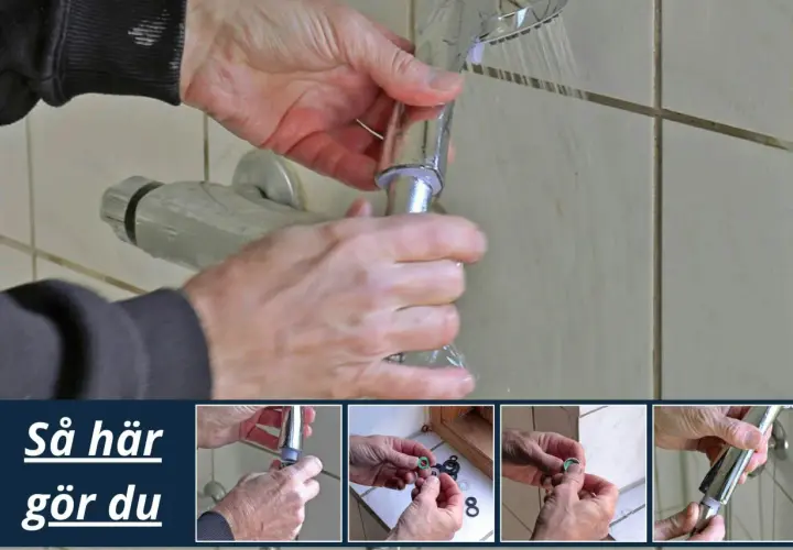 Händer som byter duschslang. En person skruvar loss en duschslang från ett blandare. Flera bilder visar steg för steg hur man byter.