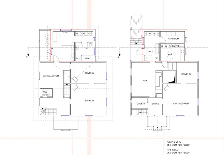Planritning av hus med tillbyggnad i vinkel. Visar rum som kök, sovrum, badrum och vardagsrum.