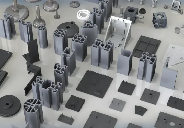 En samling profiler och komponenter för att måla aluminium. Olika former och storlekar av aluminiumprofiler, fästen och tillbehör.