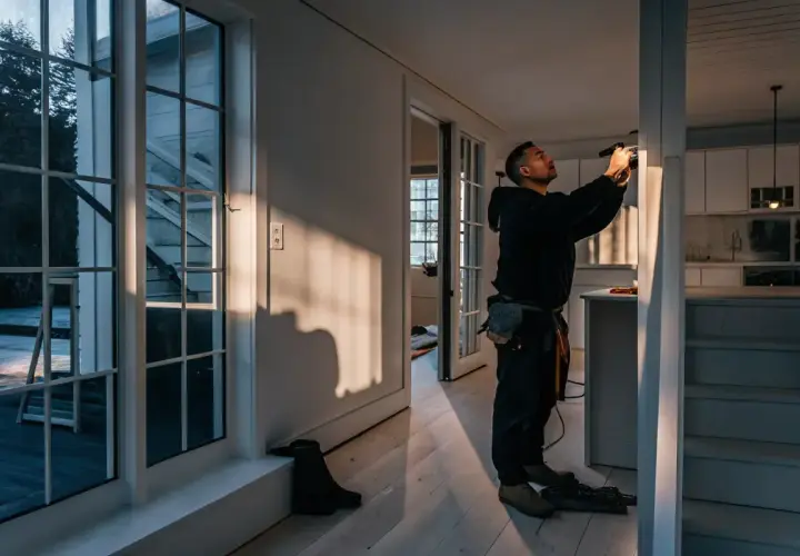 Man med verktygsbälte fixar något vid en vägg. Solen lyser in genom stora fönster. Kanske för att laga klinker flisa.