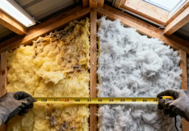 Mätning av isolering i taket. Gammal gul isolering med mögel jämförs med ny vit isolering. Att isolera tak inifrån är viktigt för energieffektivitet.