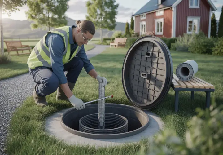 Arbetare inspekterar en trekammarbrunn. En nyckelfaktor för att förstå trekammarbrunn kostnad är installationen.