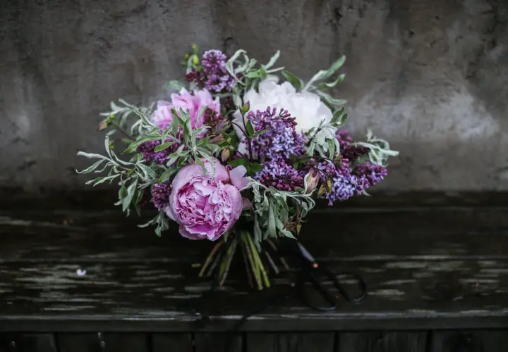 En bukett med rosa pioner, vita pioner och lila syren. Vackra snittblommor sorter som ser ut att vara nyss plockade.