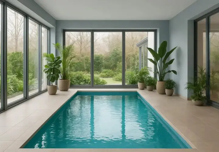 Ett modernt inomhuspool med stora fönster som vetter mot en grönskande trädgård. Perfekt för att bygga in pool och njuta året runt.