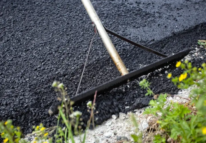 Verktyg sprider ny asfalt för att asfaltera uppfart. Grönska och gula blommor växer vid kanten.