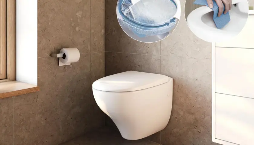 Modern vägghängd toalett utan synlig cistern, visar hur den rengörs och hur vattnet cirkulerar. En toalett utan avlopp som är enkel att underhålla.