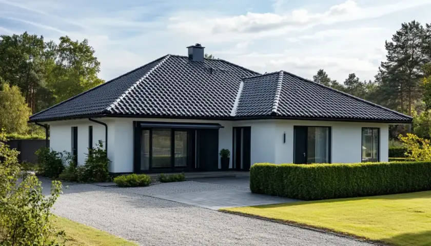 Välvalt tak på en modern villa med utbyggnad. Mörka takpannor ger ett stilrent intryck.