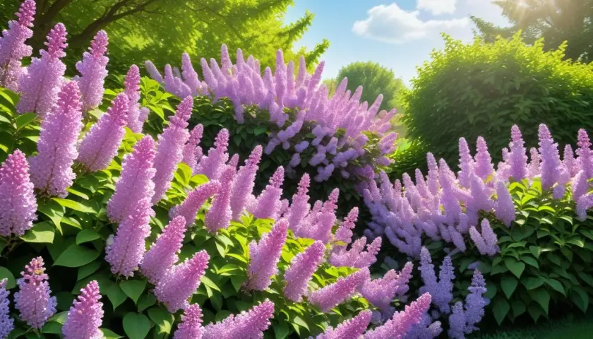 En lummig trädgård badar i solljus, med massor av lila syren sorter som blommar frodigt.