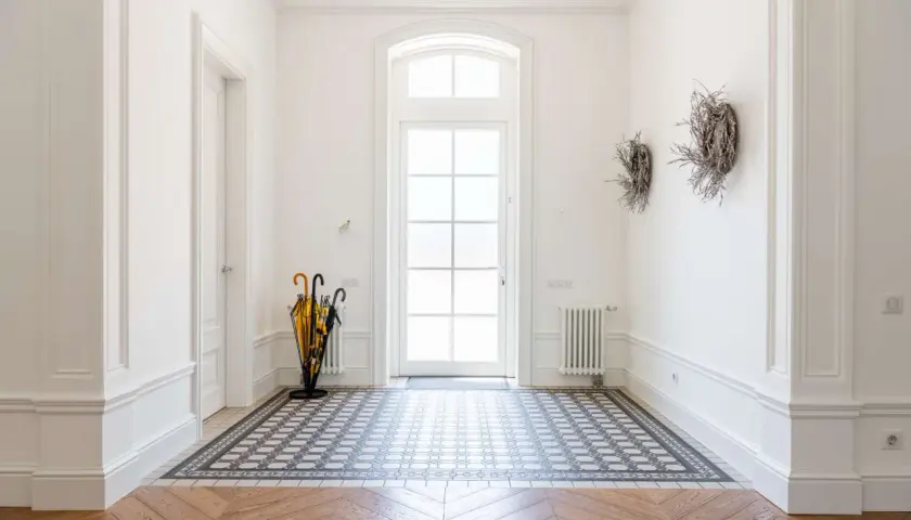 Vacker hall med mönstrat golv och en stor glasdörr. Ett paraplyställ med gula och svarta paraplyer står till vänster.