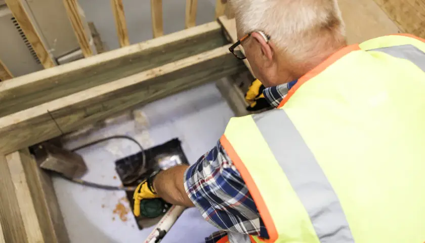 Man i varselväst arbetar med rör i golv. En del av arbetet kan vara relaterat till relining, vilket kan påverka priset.