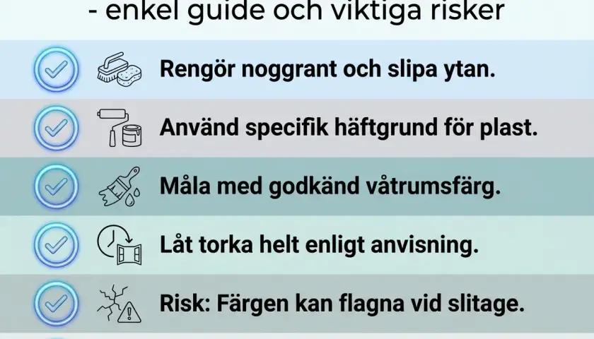Checklista för att måla plastmatta i badrummet: rengör, använd häftgrund, våtrumsfärg, låt torka. Risker: flagning, tätskikt.