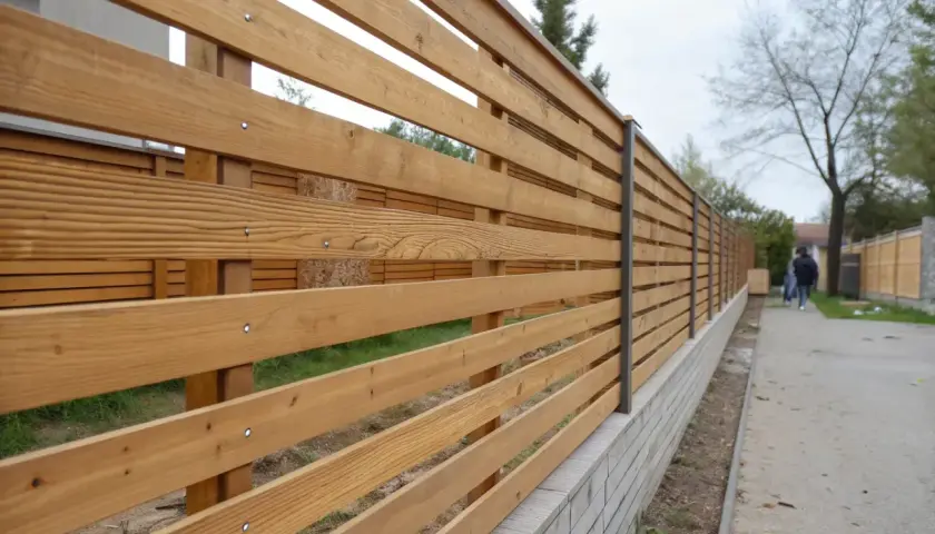 Ett modernt staket med liggande ribbor i olika bredd, monterat på en låg mur.