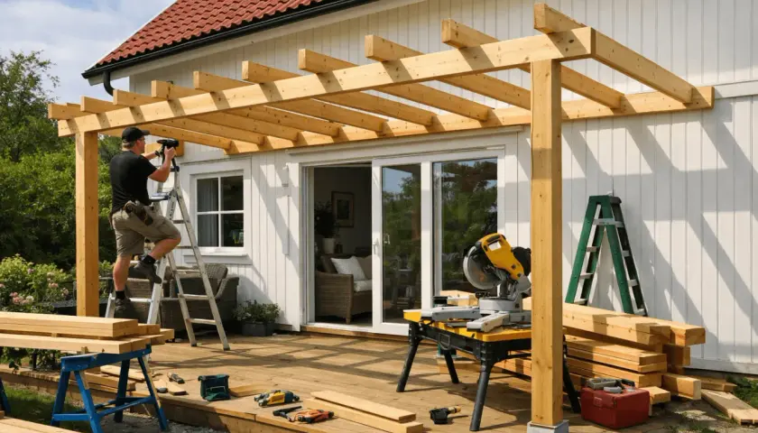 Man bygger en paviljong på altanen. Träbjälkar monteras på husfasaden, verktyg och material ligger utspritt.