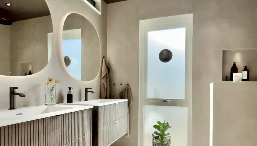 Modernt badrum med dubbla handfat och speglar. Väggarna har en slät, betongliknande finish, liknande microcement på kakel, vilket ger en lyxig och enhetlig känsla.