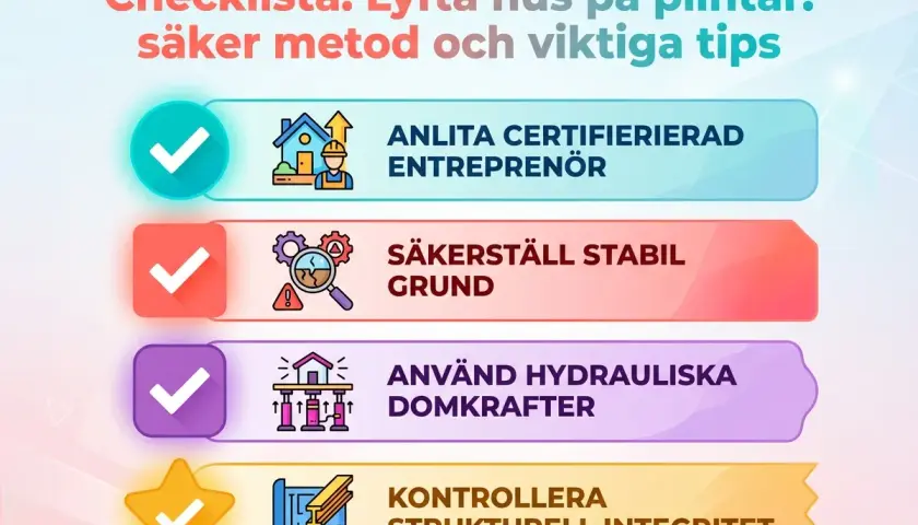 Checklista för att lyfta hus på plintar: anlita proffs, säkerställ grunden, använd hydrauliska domkrafter och kontrollera strukturen.